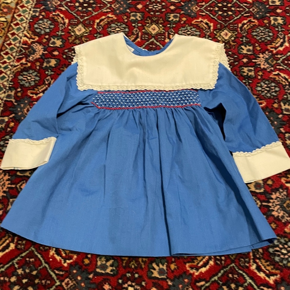 Polly Flinders hand smocked dress T2 blue collar long sleeve